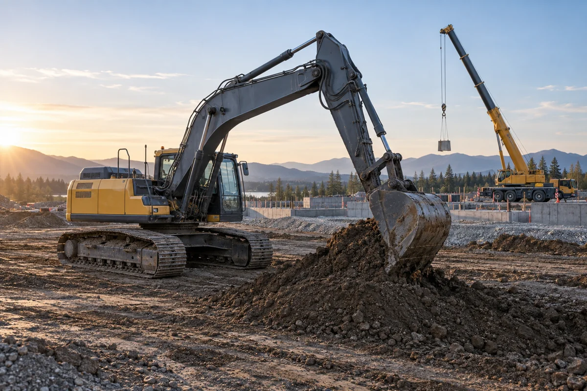 Tracked excavator and crane on a construction site