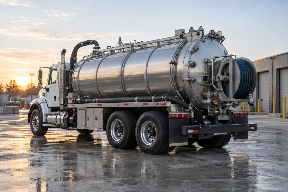 Vacuum tanker truck with a stainless steel tank and suction hose