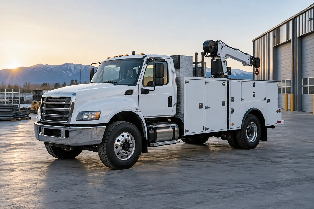Vocational service truck with tool compartments and a compact crane