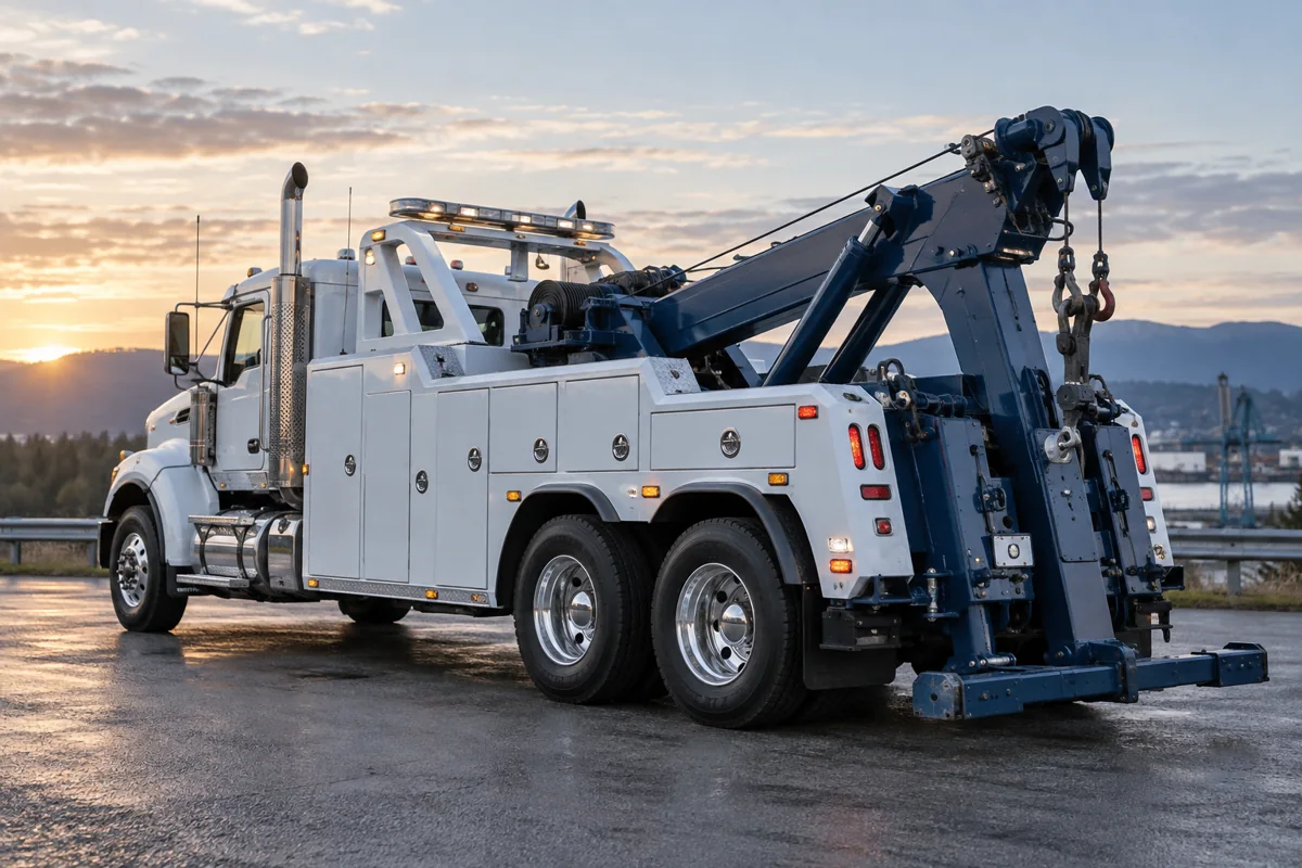 Heavy-duty wrecker recovery truck with a rear towing boom