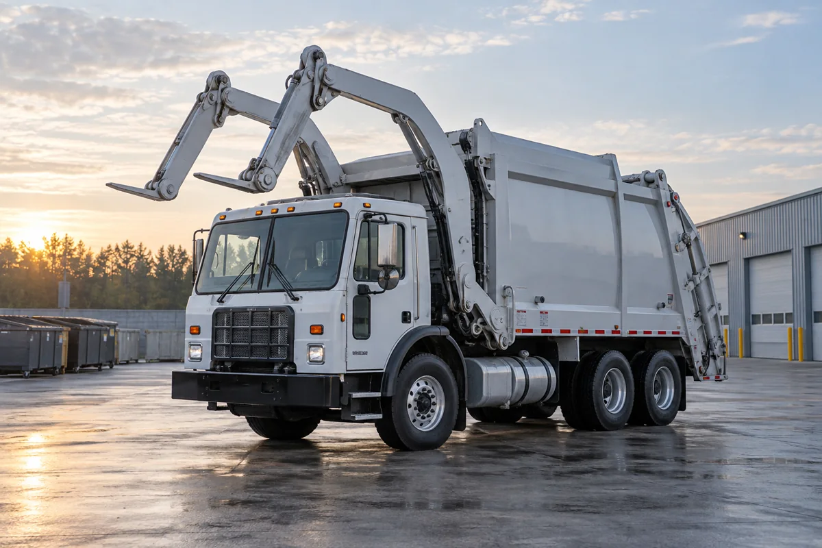 Front-loading refuse collection truck at an industrial yard