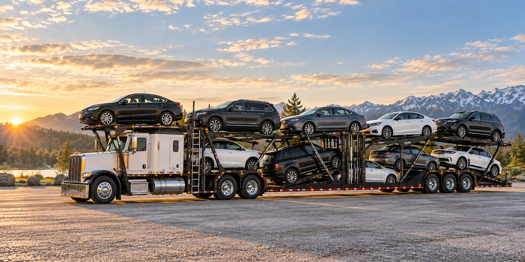 Double-deck auto transport truck carrying vehicles